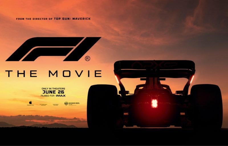 Two Pilot’s Watch Chronograph APXGP (IW378009) watches side by side front and back shot with black dial, stainless steel case and black rubber strap.,Poster teaser of F1® THE MOVIE with racing car in forefront and sunset orange background.