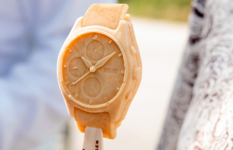 An ice cream waffle shaped like an IWC watch.,An ice cream waffle shaped like an IWC watch.