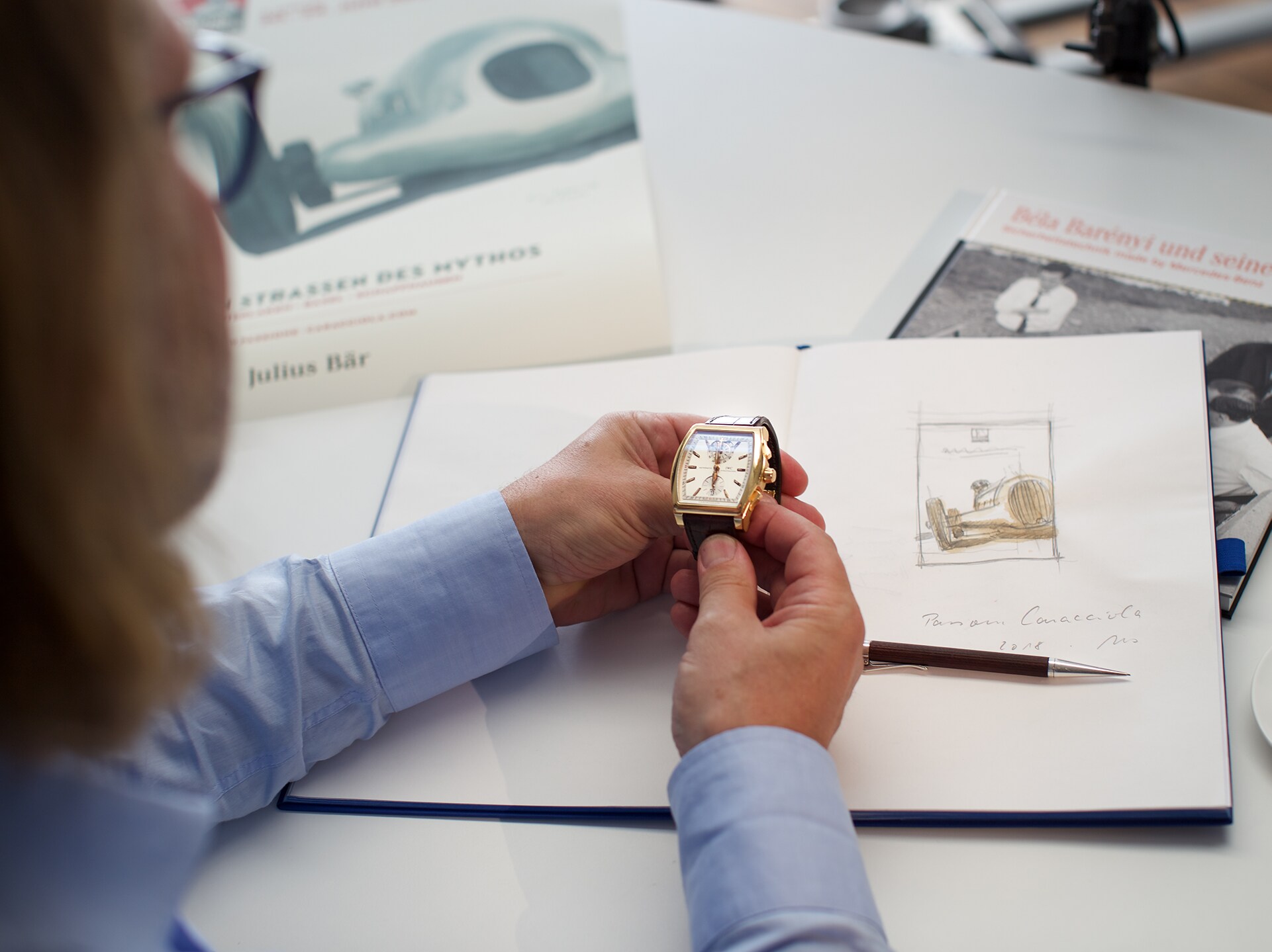 One of the designer's collection pieces: the IWC Da Vinci Chronograph in red gold
