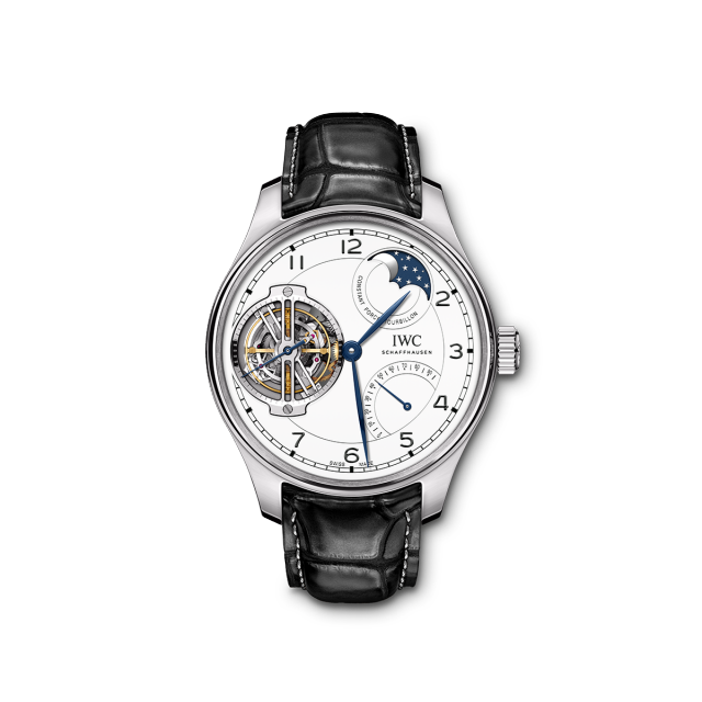 IWC Portugieser Chronograph Rattrapante watch 1995, white dial, blue numerals, stainless steel case.
