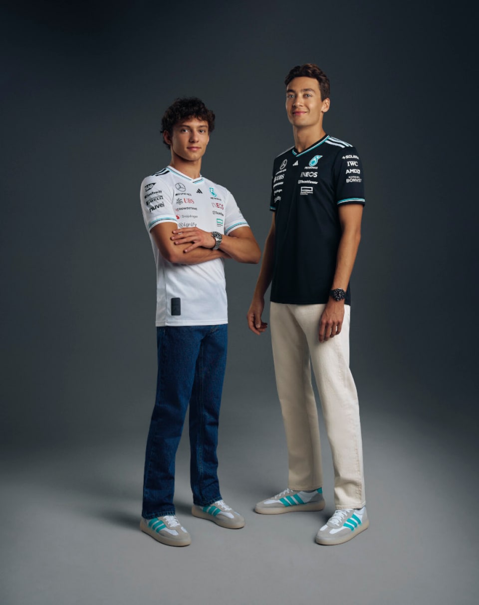 Mercedes-AMG PETRONAS Formula One™ Andrea Kimi Antonelli with Grand Prix-winner and IWC brand ambassador, George Russell wearing IWC watches.
