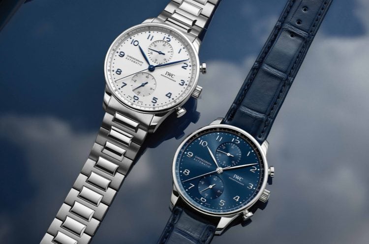 Video thumbnail featuring a Portugieser Chornograph watch with steel case, white dial, steel bracelet and a Portugieser Chornograph watch with steel case, blue dial, blue leather bracelet