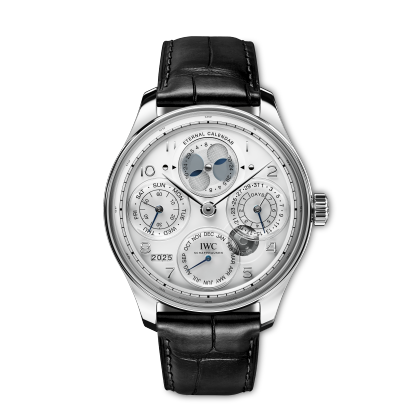 Portugieser Eternal Calendar IW505701 with Platinum case, White dial and Black alligator leather strap by Santoni