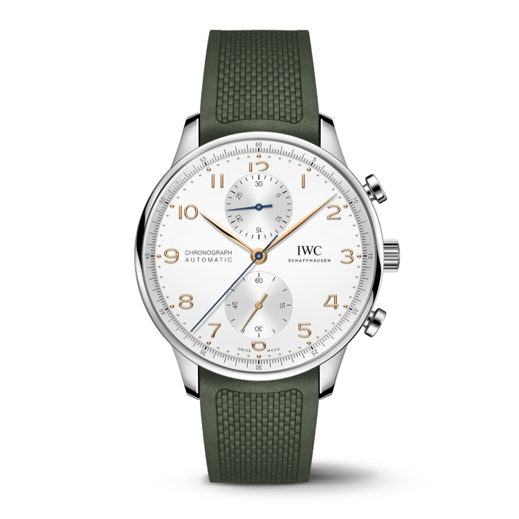The Portugieser Chronograph in stainless steel with a silver-plated dial (Ref. IW371604) on an olive green rubber strap.
