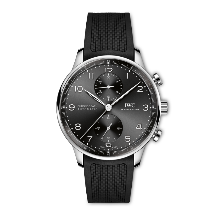 The Portugieser Chronograph in stainless steel with a black dial (Ref. IW371609) on a black rubber strap.