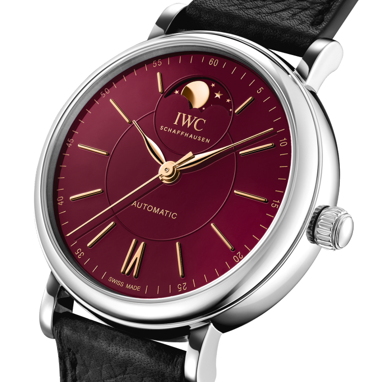 Portofino Automatic Moon Phase 37 Year of the Snake watch with burgundy dial and black leather strap