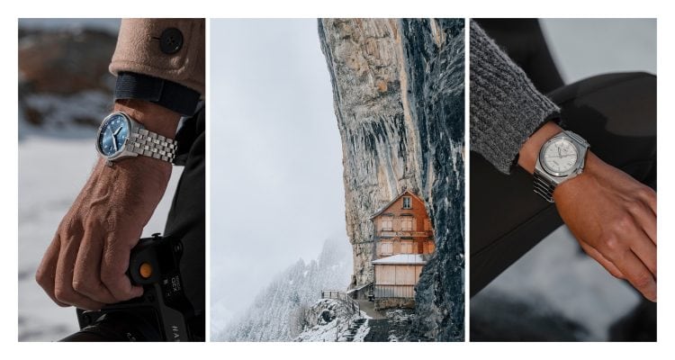 Three images showing IWC watches with snowy background