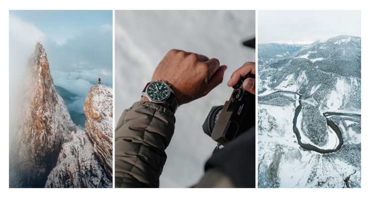 Three images showing IWC watches with snowy background
