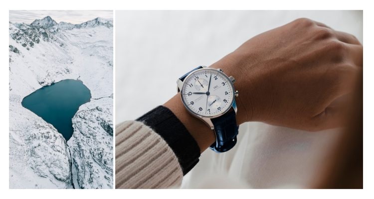 Two adjacent images showing a lake with snow around it and IWC Portugieser Watch on a wrist