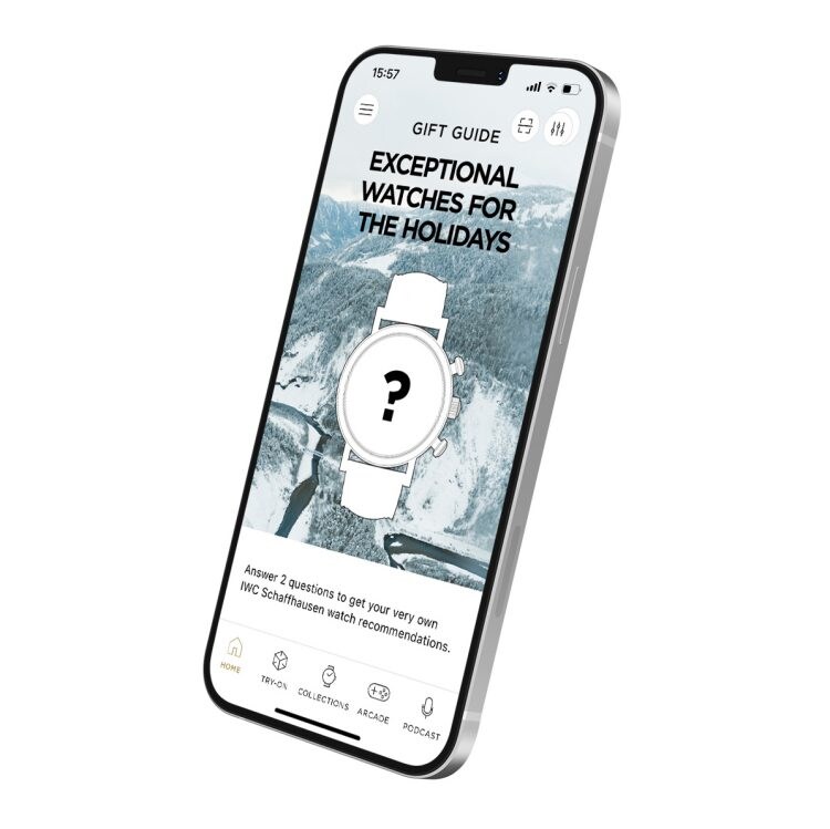 Mobile phone image featuring the Gift Guide in the IWC App