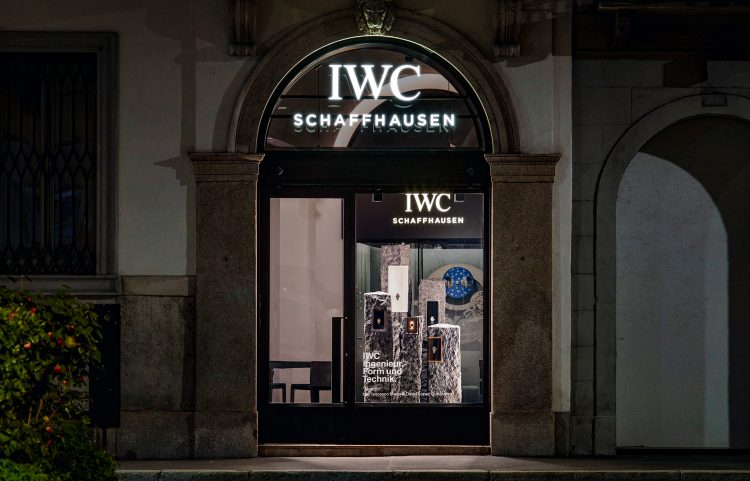 The facade of the IWC Boutique in Milan, Italy, showcasing the Monoliti installation dedicated to the new Ingenieur watches.