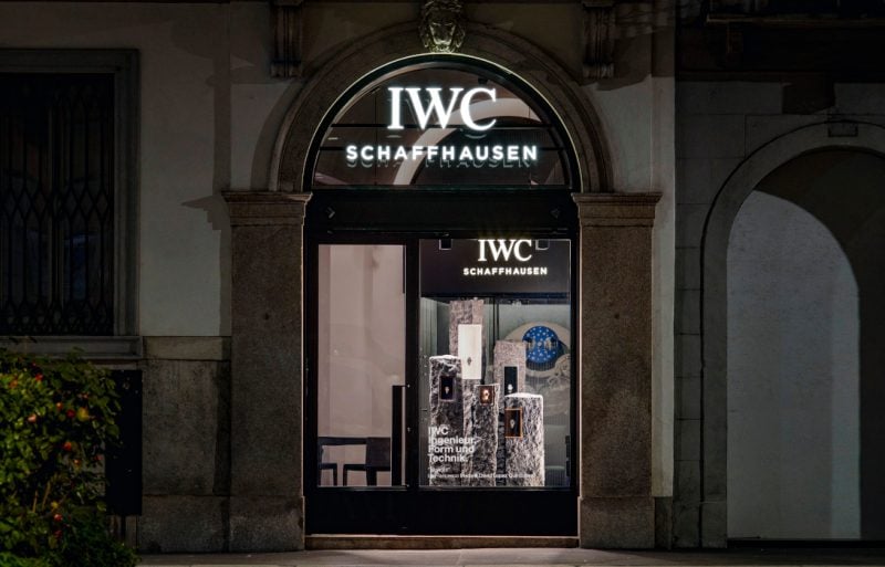 The facade of the IWC Boutique in Milan, Italy, showcasing the Monoliti installation dedicated to the new Ingenieur watches.,xxxxxxxxxxxxxxxxxx