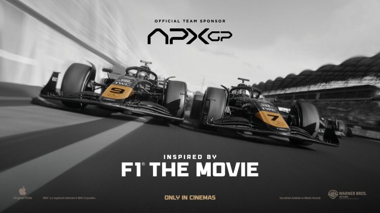 Movie poster showing racing cars with IWC logo on them with grey road background