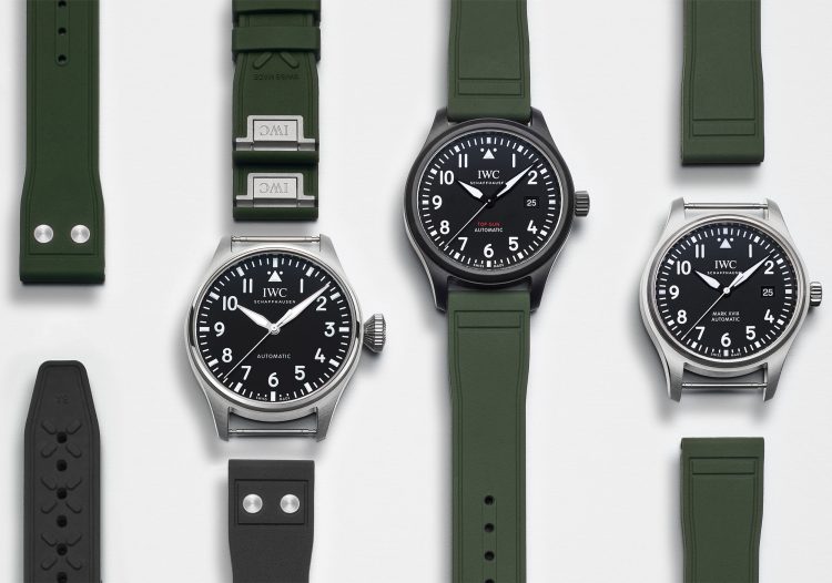 Image featuring a selection of watches from the front with green rubber straps